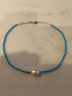 Genuine turquoise faceted round gemstone and baroque pearl choker